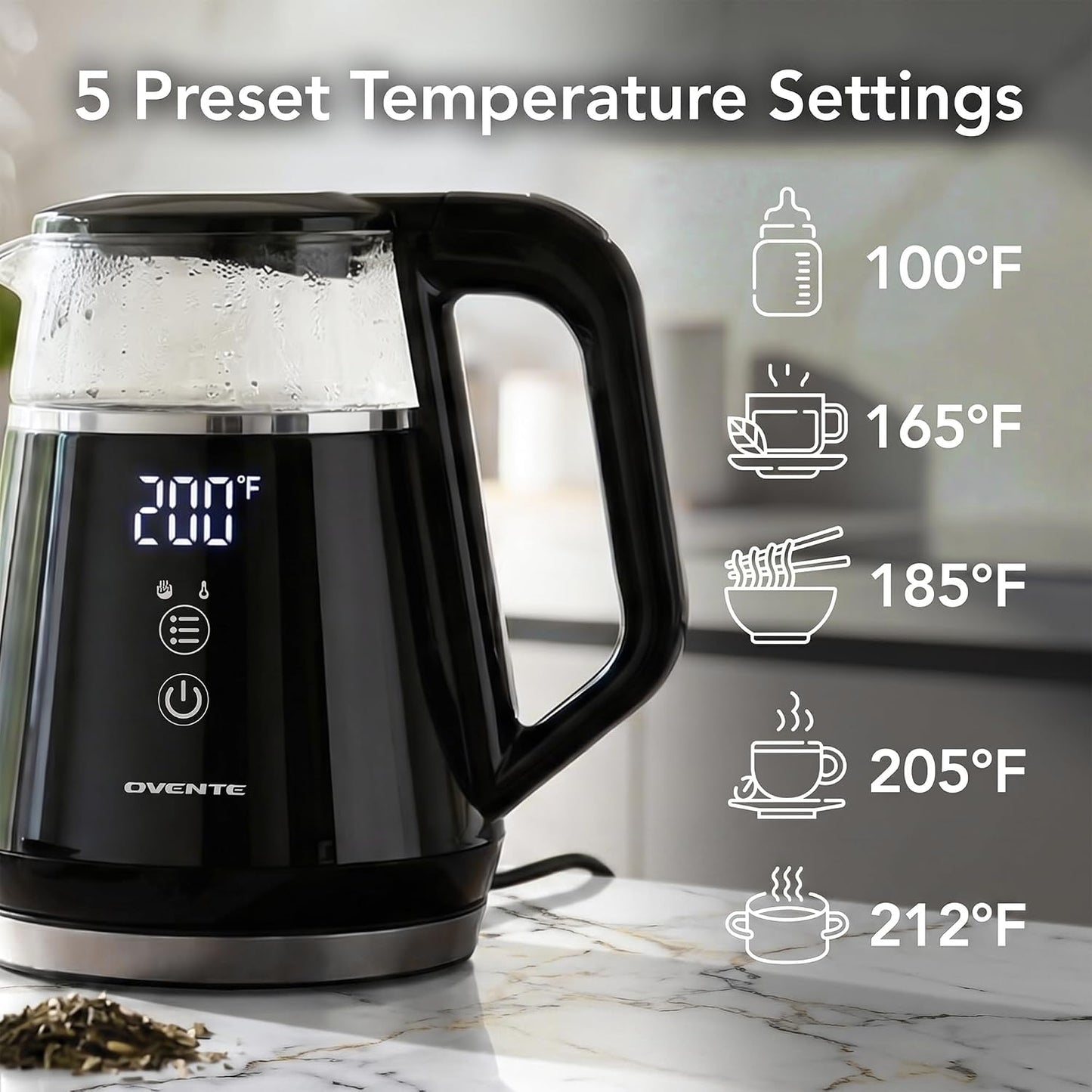 OVENTE 1L Electric Kettle with Temperature Control, 1500W, Black KD95B | Water Boiler With Digital Display, 5Hr Keep Warm, Auto Shut-Off, Double-Wall Cool-Touch Exterior, BPA-Free Borosilicate Glass