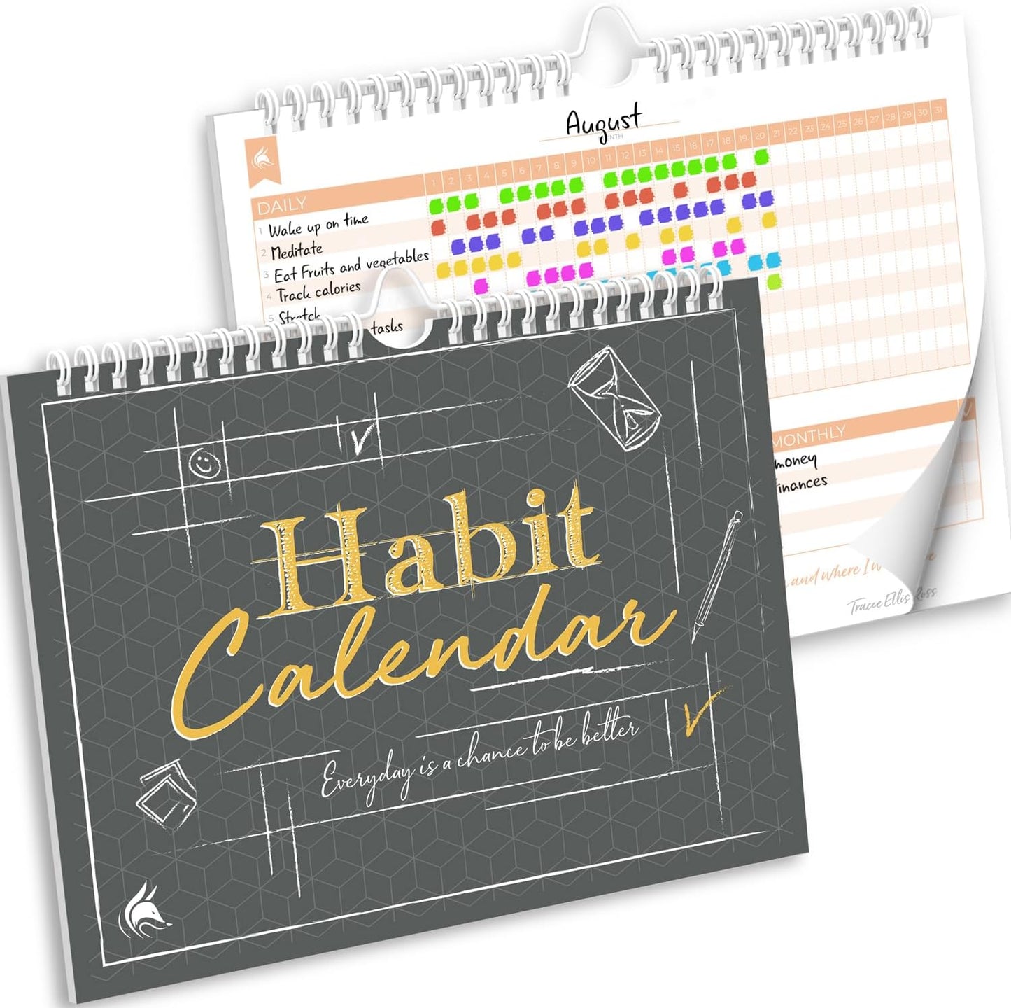 Clever Fox Habit Tracker Calendar, 24-Month Daily Goal Journal Black | 10x8 in, Track atomic habits, goals, workouts, accountability, fitness, nutirition, 30-day challenge chart, linear timeline