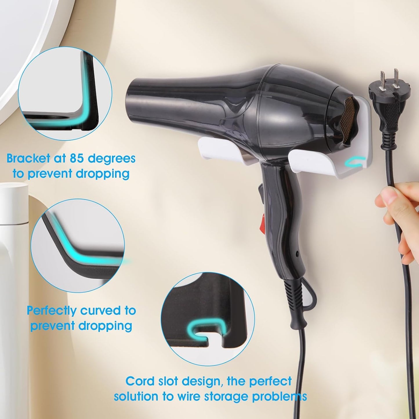 2Pcs Universal Hair Dryer Holder, Blow Dryer Holder with Cord Storage, Hair Dryer Holder Wall Mounted, Bathroom Hair Tool Organizer for Dyson, Stable Easy To Install (Get 2 Styles)