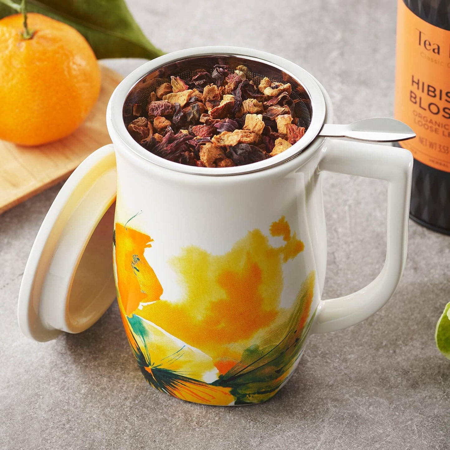 Tea Forte Ceramic Fiore Tea Cup with Infuser, Blue Agave, 14 oz | Insulated Ceramic - Stainless Steel Loose Leaf Infuser - Keeps Tea Hot Longer - Lid Included - Microwave & Dishwasher Safe