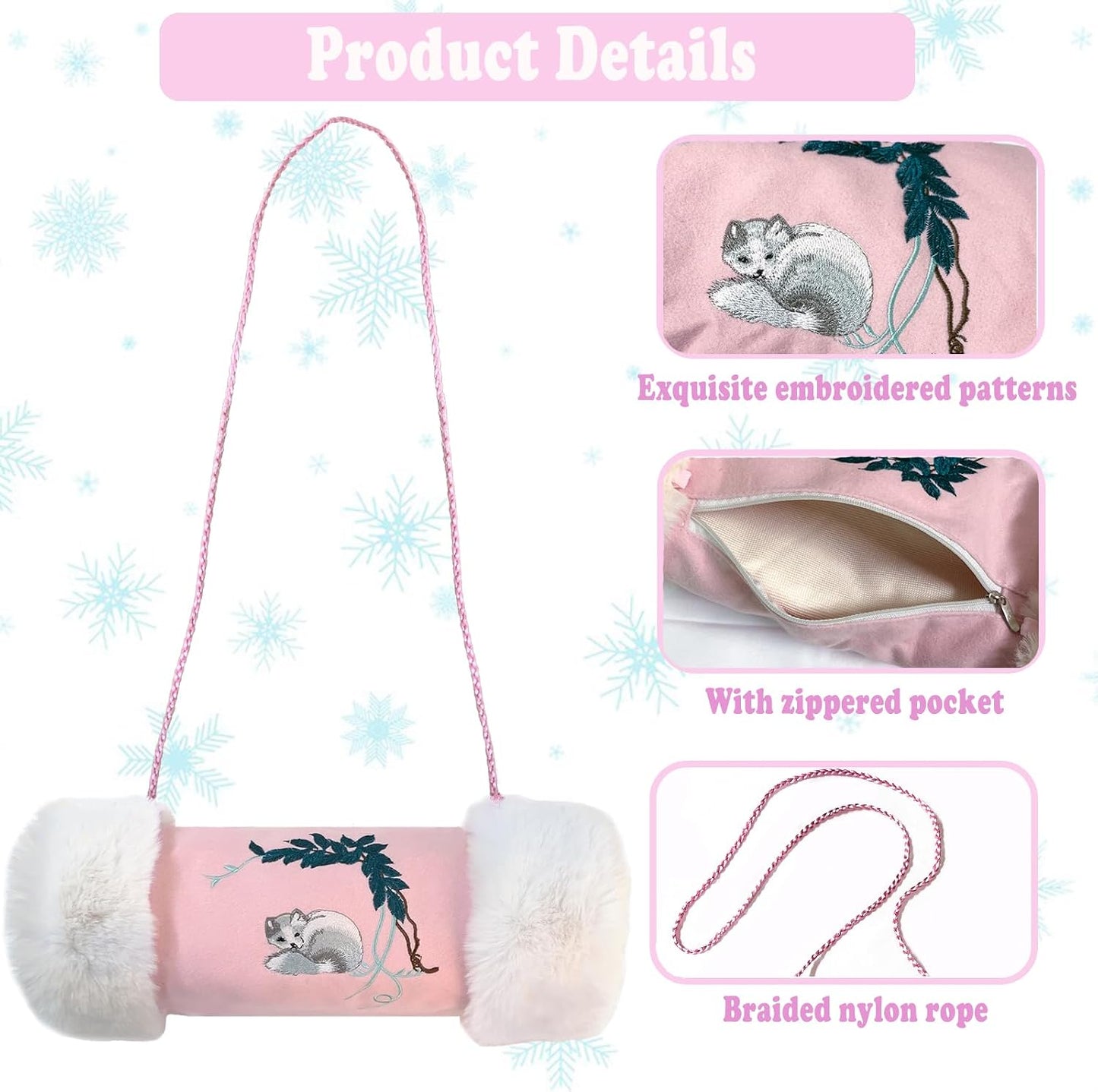 Faux Fur Hand Muffs for Women Girls, Portable Winter Hand Warmer Pouch with Pocket and Strap, Cute Pink Embroidery Pattern Hand Muffler for Cold Weather