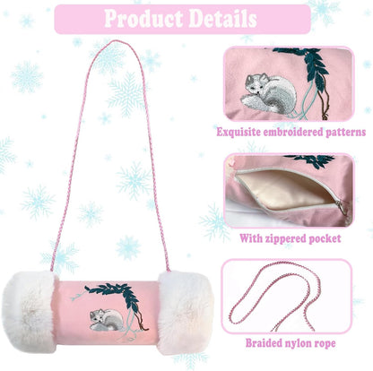 Faux Fur Hand Muffs for Women Girls, Portable Winter Hand Warmer Pouch with Pocket and Strap, Cute Pink Embroidery Pattern Hand Muffler for Cold Weather