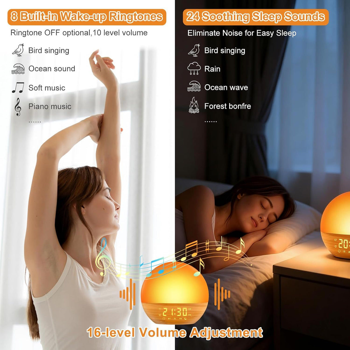 Sunrise Alarm Clock with White Noise Wake-Up, Wood Grain