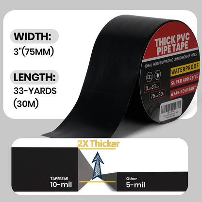 TAPEBEAR Corrosion Protection Pipe Tape 10mil PVC Pipe Wrap Tape 4" Wide | 33Yard/Roll Waterproof PVC Black Tape Hose Leak Proof Thicker for Drain Pipe, Metal Electrical Outdoor Underground Pipe