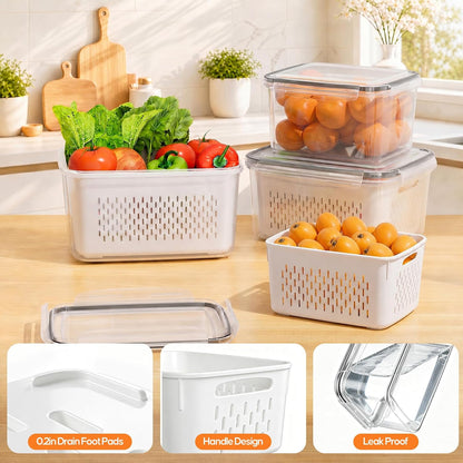Fruit Storage Containers for Fridge, 3 Pack Plastic Food Storage Container | Produce Storage with Removable Colander, Refrigerator Organizers Keep Fruits Berry Veggie Salad Fresh Longer, Dishwasher Safe
