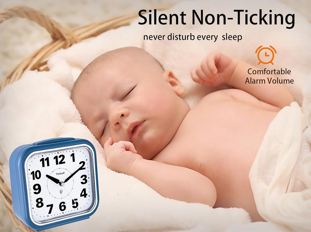 Tinload 5.5" Large No Ticking Analog Alarm Clock,Silent Readable for Seniors,Easy to Set,Gradual Rise Alarm,Big Numbers,Gentle Wake,Snooze, Lighted on Demand,Battery Operated,Black