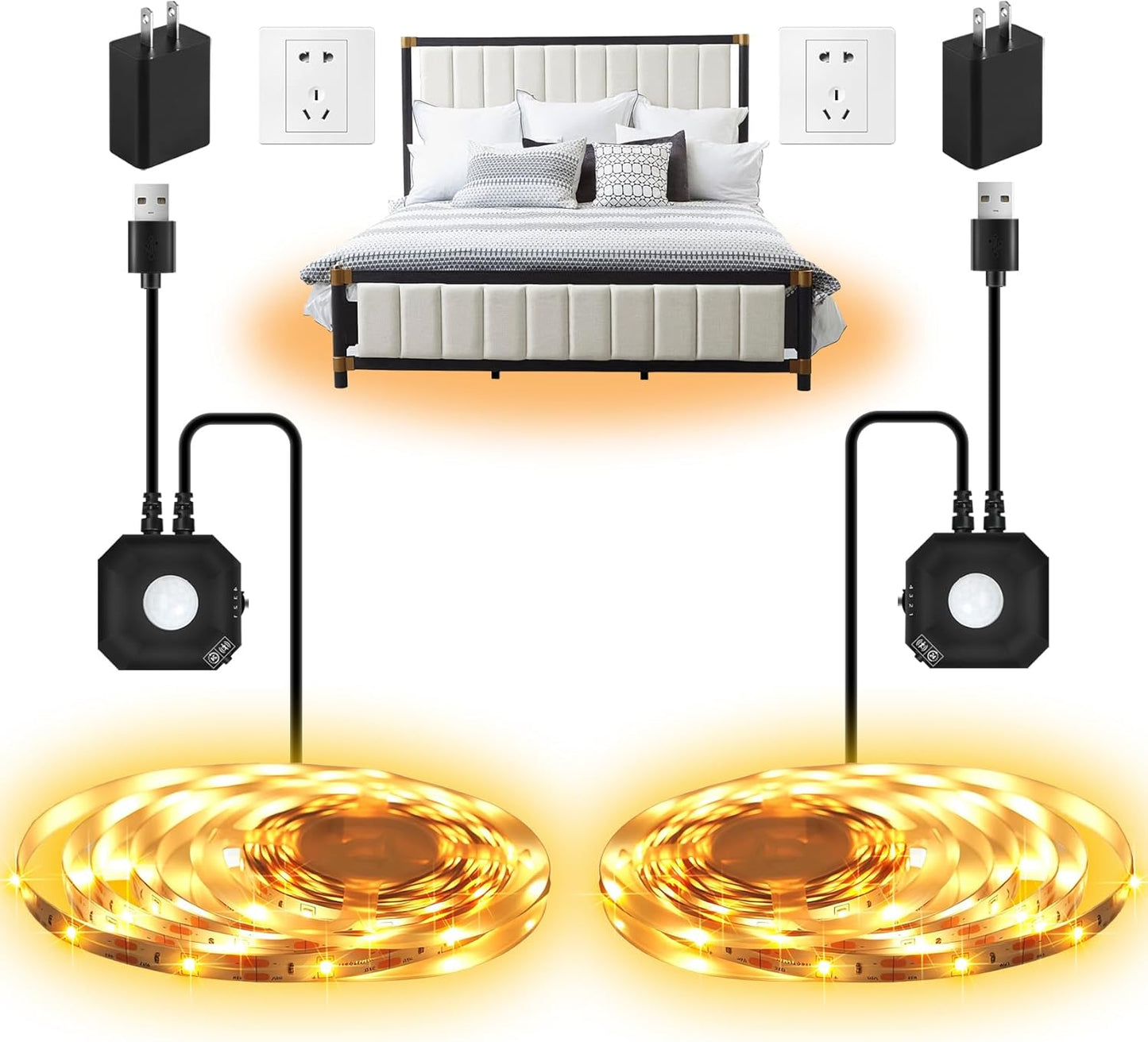 Motion Activated LED Strip Lights,2-Packs 9.8Ft Warm White Lighting | Motion Sensor Under Bed Lights, Auto Shut-Off Timer, USB Powered Auto On/Off Night Lighting for Indoor Bedside Cabinet Stairs