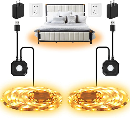 Motion Activated LED Strip Lights,2-Packs 9.8Ft Warm White Lighting | Motion Sensor Under Bed Lights, Auto Shut-Off Timer, USB Powered Auto On/Off Night Lighting for Indoor Bedside Cabinet Stairs