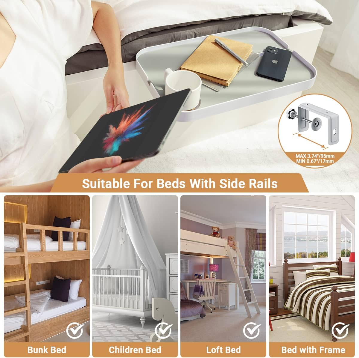 KIWIFOTOS Raised Bedside Shelf for Bed Tray Table Under Mattress