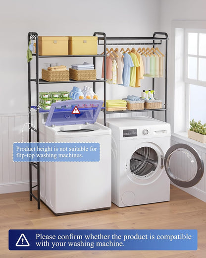 Kitsure Laundry Room Shelves - Multi-Functional Over Washer and Dryer Shelves with Hanging Bar & Removable Hooks, Space-Saving Organizer for Laundry Room, Kitchen, 58.4" W x 13.0" D x 70.9" H, Black