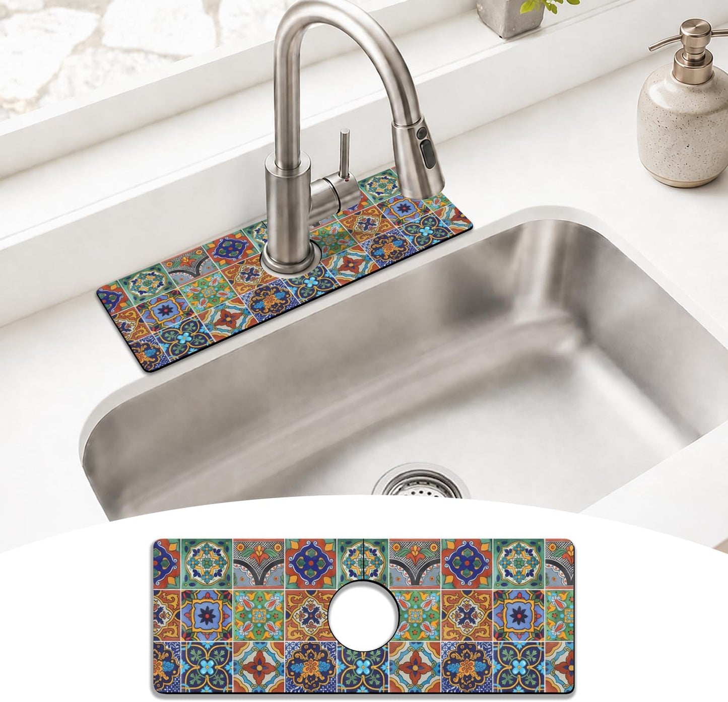 Light Brown White Checkered Kitchen Sink Splash Guard Faucet Mat,Faucet Non-Slip Absorbent Mat,Farmhouse Sink Splash Guard Behind Faucet for Kitchen Bathroom, 15"x5.5"