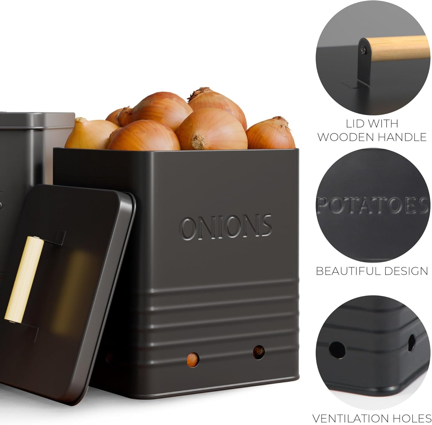 Beautiful Potato and Onion Storage Container Set - Food Safe Metal Bins | Spacious 10.1" and 8.9" Canisters for Your Kitchen Counter or Pantry - Keeps Produce Fresh Longer