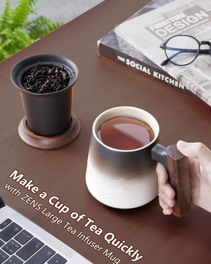 ZENS Tea Mug with Infuser and Lid for Loose Leaf Tea Steeper, 16.9oz Moss | Embossed Ceramic Tea Cup with Infuser for Herbal Tea Difussers, Tea Lovers Gifts, Nature Wood Handle