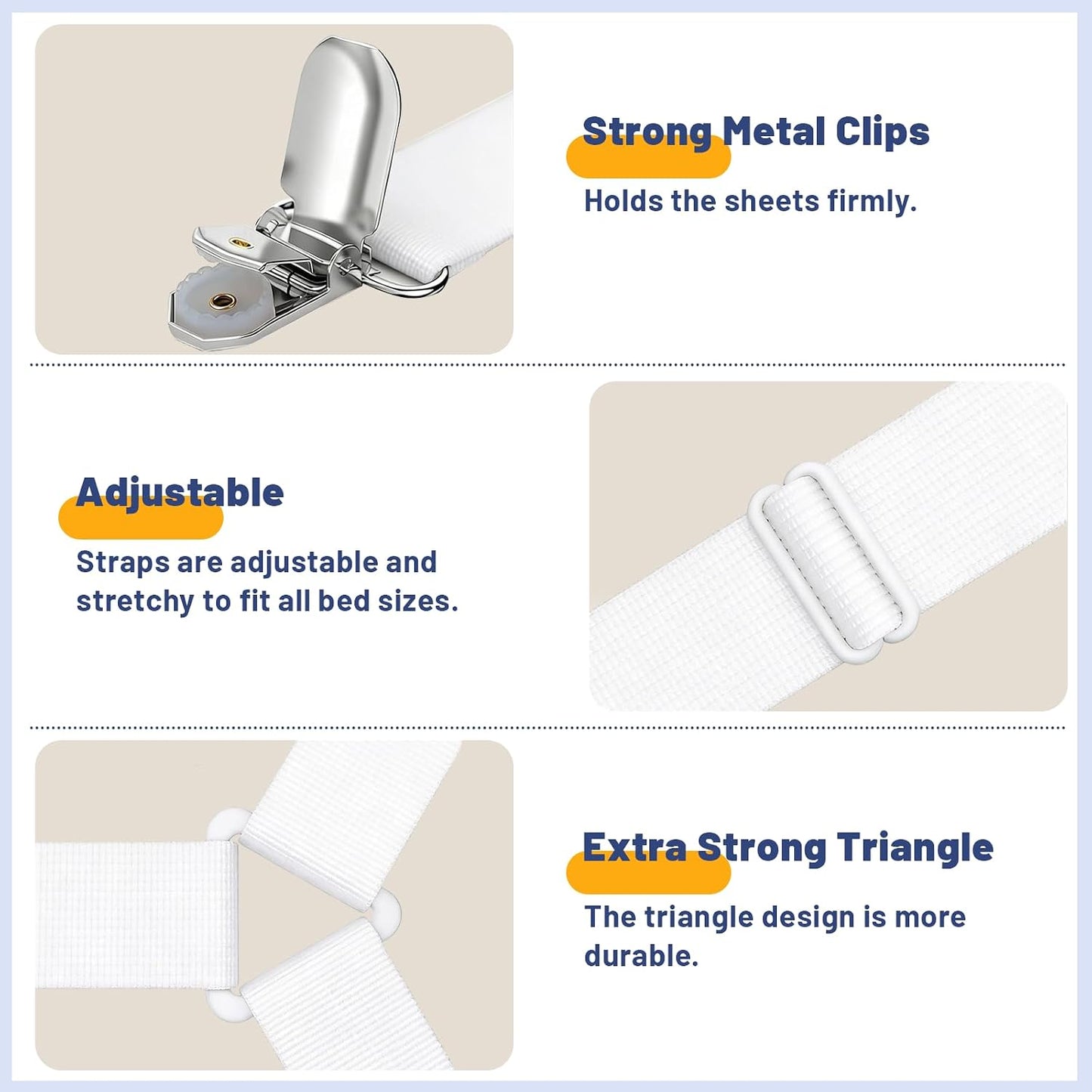 Adjustable Bed Sheet Straps, Elastic Fasteners with Metal Clips, Fitted Sheet Corner Holder Straps that Stay in Place, Firm Tight Mattress Suspenders (Triangle White 4Pcs)