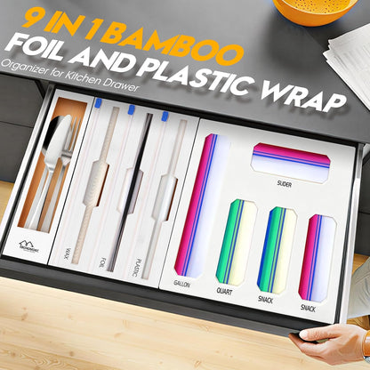 9 in 1 Foil and Plastic Wrap Dispenser with Cutter, Black Bamboo Ziplock Bag Organizer for Drawer - Holds Gallon, Quart Bags & Aluminum Foil/Wax Paper, Wall Mountable Kitchen Storage