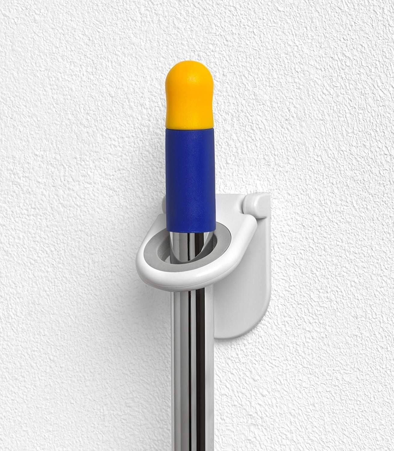 Spectrum Mop and Broom Holder Wall Mount with Non Slip Gripping Loops for Laundry Room Closet Garage and Utility Storage, Wall Mounted Broom Holder Organizer with Three Hooks, White