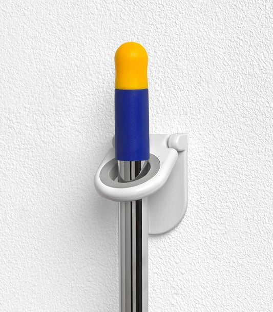 Spectrum Mop and Broom Holder Wall Mount with Non Slip Gripping Loops for Laundry Room Closet Garage and Utility Storage, Wall Mounted Broom Holder Organizer with Three Hooks, White