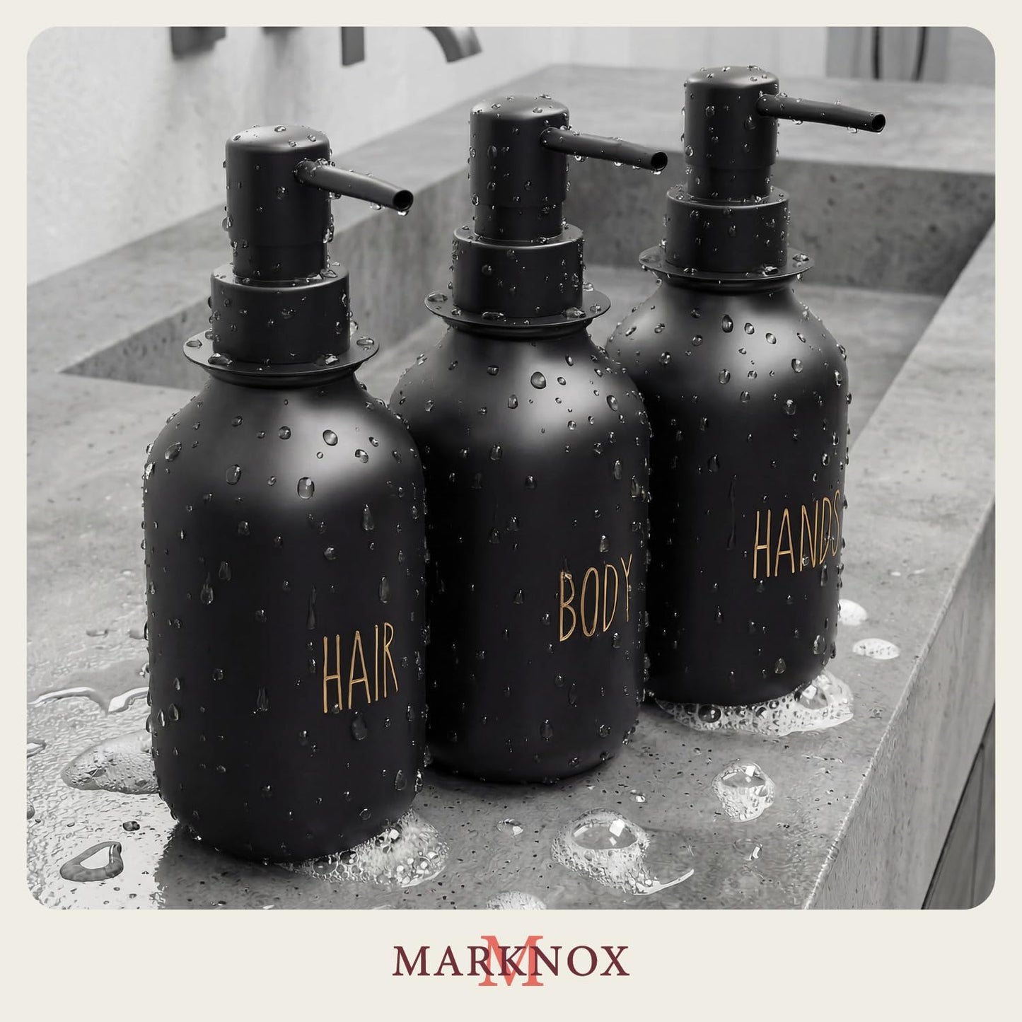 Black Soap Dispenser Set for Bathroom – 3-Packs Refillable Bottle Set, Soft Touch Pump Bottles Wall Mount Hooks Stickers Glue with Vanity Sink Placement Modern Design