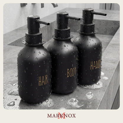 Black Soap Dispenser Set for Bathroom – 3-Packs Refillable Bottle Set, Soft Touch Pump Bottles Wall Mount Hooks Stickers Glue with Vanity Sink Placement Modern Design