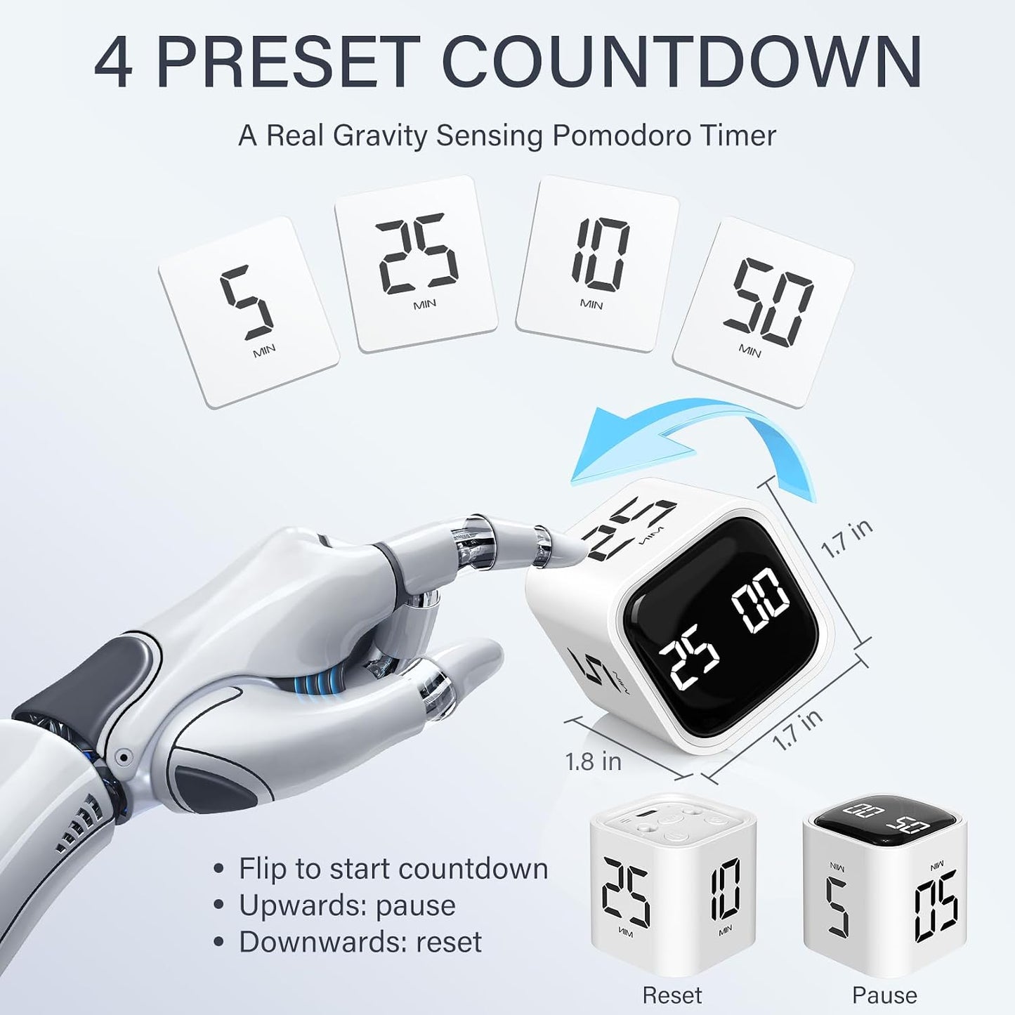 Rotating Pomodoro Timer 5, 25, 10 50 Minutes Preset, Desk Productivity Flip Timer, ADHD Tool Cube Countdown Stopwatch, Vibration/High/Low Volume/Custom Modes, for Work, Study, Back to School, Kitchen