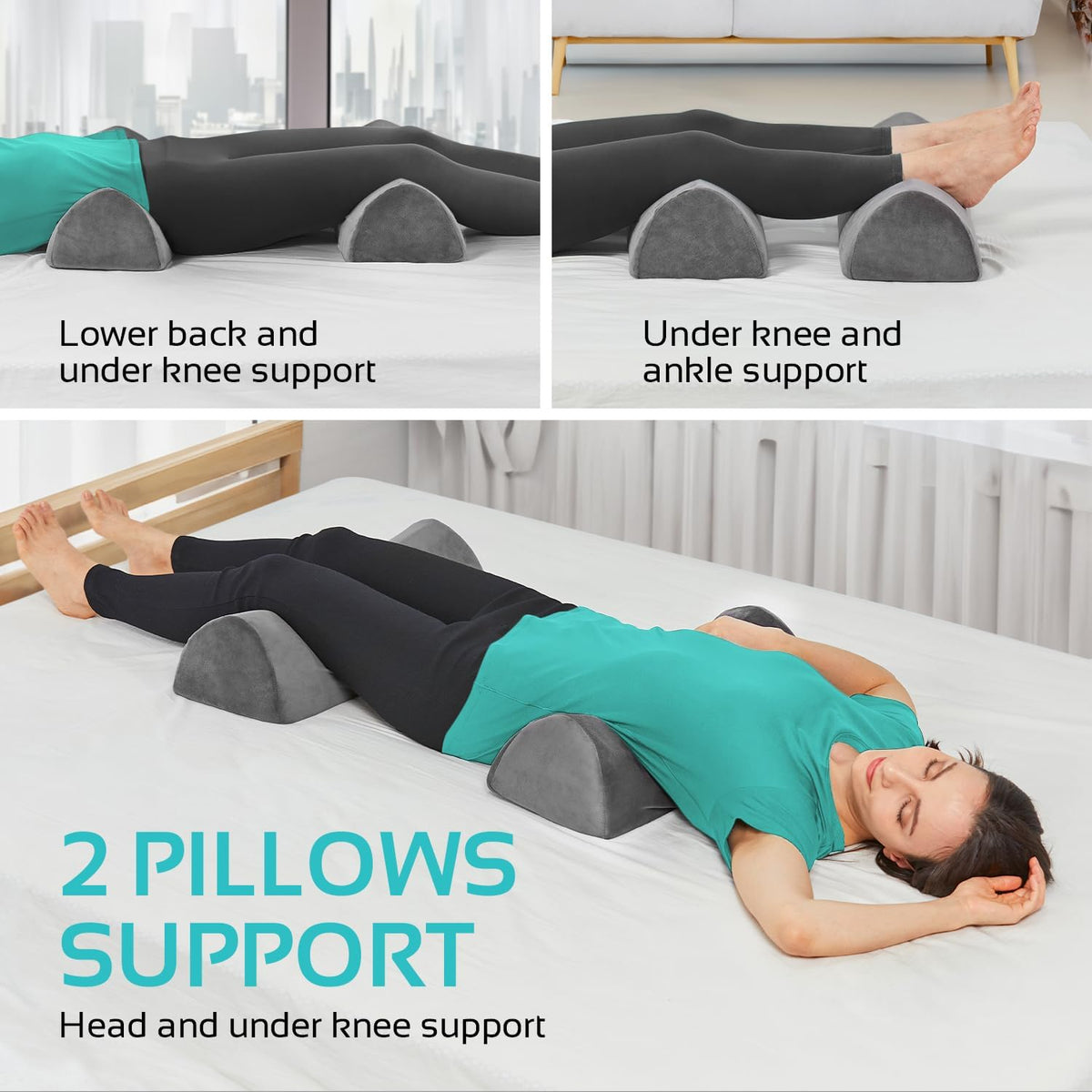 AllSett Health Large Half Moon Bolster Pillow for Legs, Knees, Lower Back and Head, Lumbar Support Pillow for Bed, Sleeping | Semi Roll for Ankle and Foot Comfort - Machine Washable Cover, White