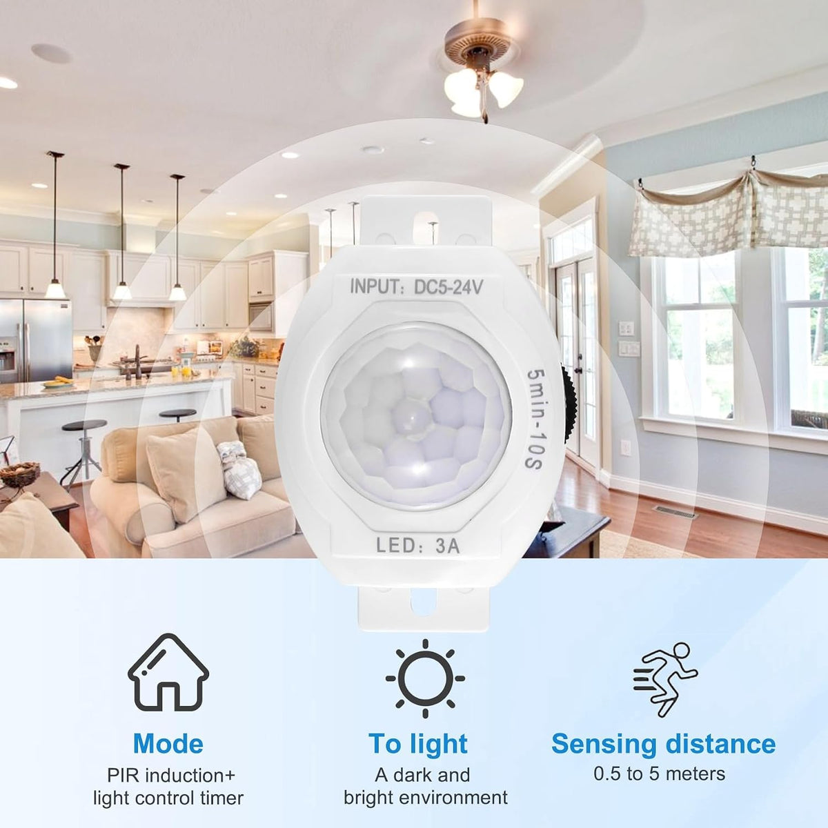 PIR Infrared Motion Sensor Detector DC5-24V Auto on Off Switch Home LED Light Body PIR Motion Sensor Lamp(White)