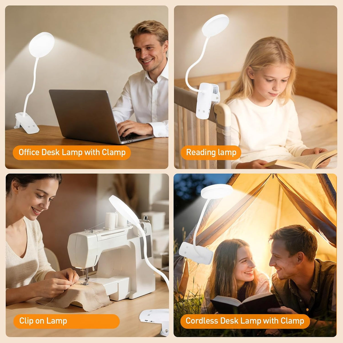 Cordless Rechargeable Clip On Desk Lamp Thick Flexible 360° Gooseneck