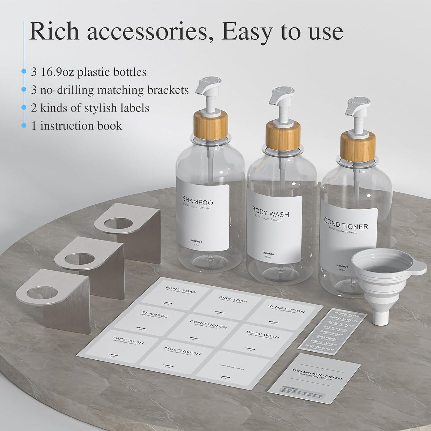 Shampoo and Conditioner Dispenser Wall Mounted Set of 3 - Shampoo Conditioner Body Wash Dispenser No Drill - White Shower Bottles Refillable with Labels and Stainless Steel Pumps 500ML/16.9oz