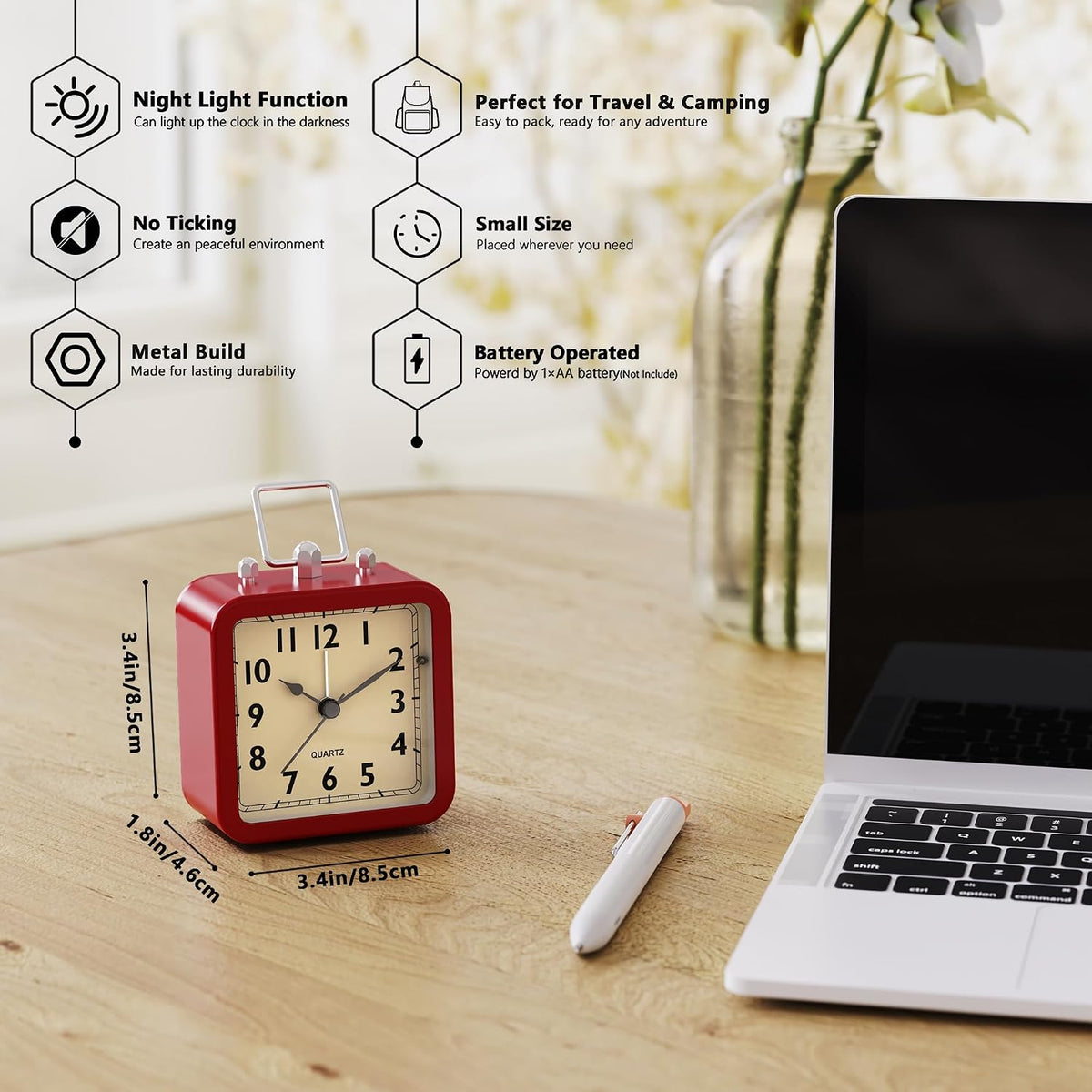 AYRELY® Small Metal Alarm Clock, Desk and Table Clock for Travel