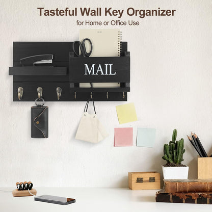 Lwenki Mail Organizer for Wall Mount – Key Holder with Shelf Includes Letter Holder and Hooks for Hallway Farmhouse Decor – Rustic Wood with Flush Mounting Hardware (16.5” x 9.1” x 3.4”) (White)