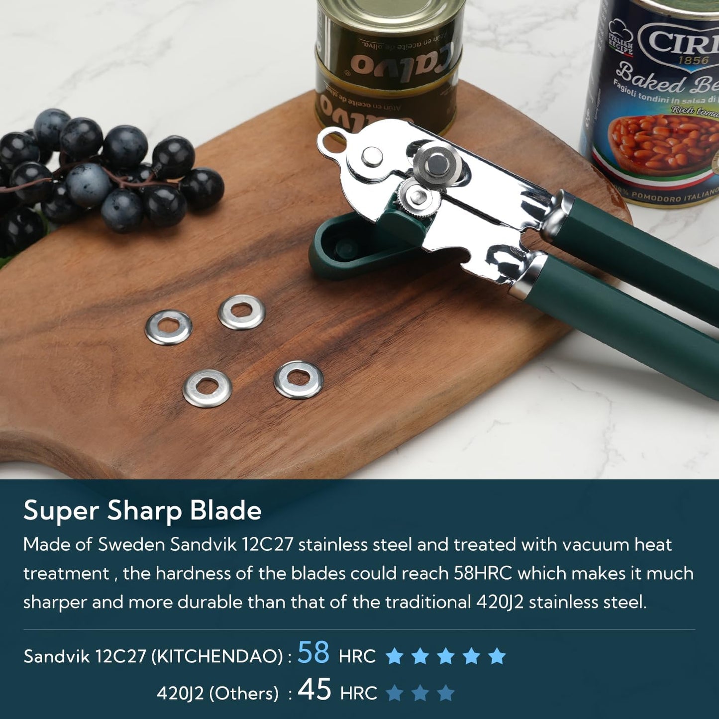 KITCHENDAO Manual Can Opener, Super Sharp Sandvik 12C27 Blade, Handheld Can Opener with Magnet, Smooth Edge Cut, Soft Grip, Oversized Knob for Seniors & Arthritis, Easy to Use, Black
