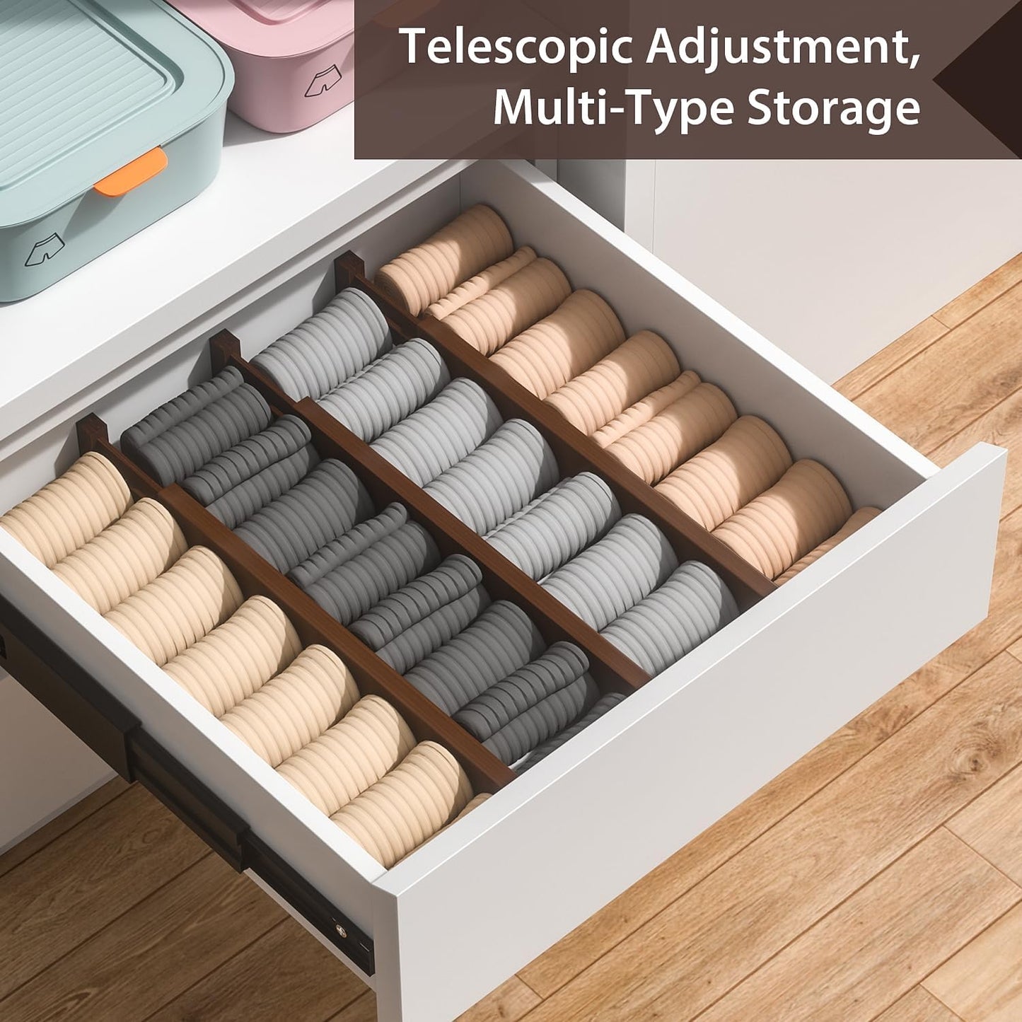 4 PCS Drawer Divider, 17"-22" Adjustable Bamboo Drawer Dividers Organizers, Expandable Separators for Kitchen, Clothes, Dressers, Home, Office