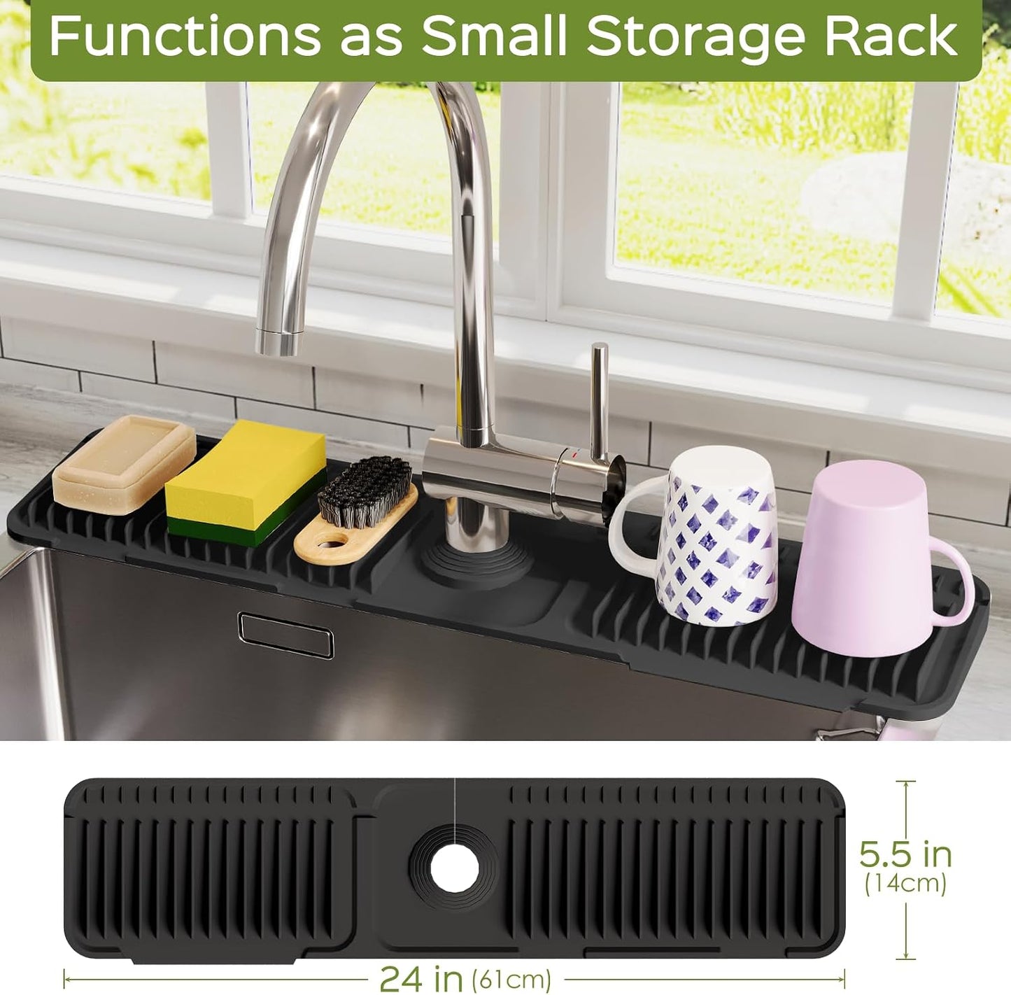 24 Inch Silicone Faucet Mat for Kitchen Sink Splash Guard – Upgraded Draining Mat with Water Tray Behind Faucet – Countertop Protectors to Catch Spills (Black, 24" x 5.5" )