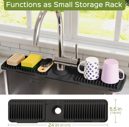 24 Inch Silicone Faucet Mat for Kitchen Sink Splash Guard – Upgraded Draining Mat with Water Tray Behind Faucet – Countertop Protectors to Catch Spills (Black, 24" x 5.5" )