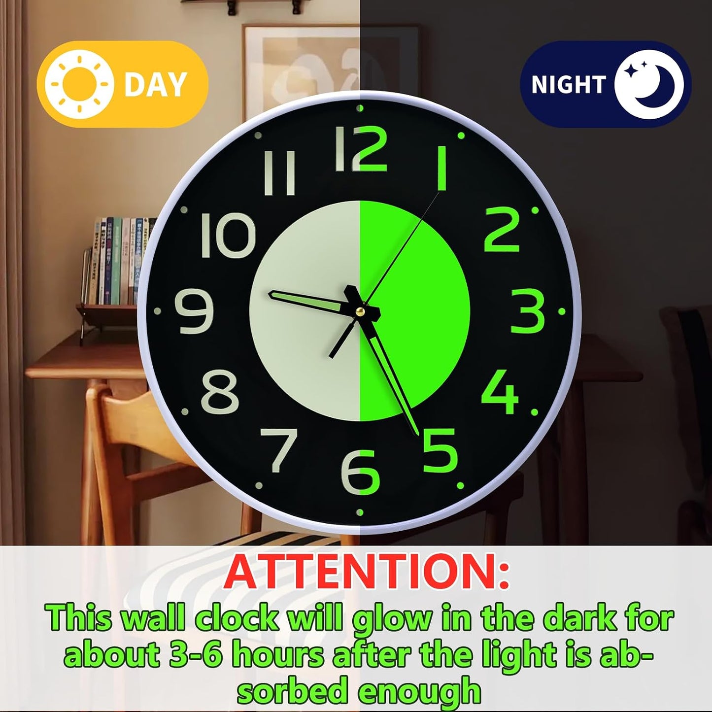 12'' Glow in the Dark Wall Clock,Silent & Easy to Read | Battery Operated Non-Ticking Easy to Install Analog Wall Clocks for Living Room Kitchen Office Bedroom