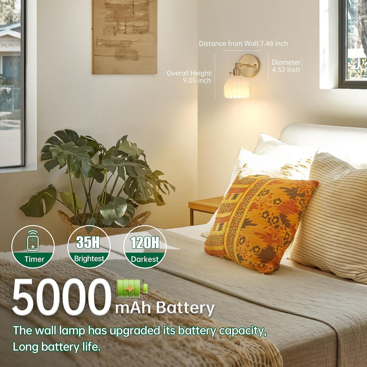 Shenmoyl Vintage Battery Operated Wall Sconce with Green Tulip Glass Lampshade Rechargeable Battery Powered Wall Light with Remote Control for Bedside Bedroom Doorway