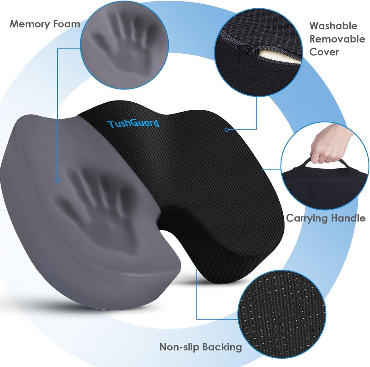 TushGuard Seat Cushion for Office Chair, Car, Memory Foam, Black Large
