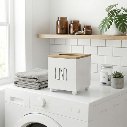 Lint Bin for Laundry Room, Farmhouse Lint Box, Wooden Lint Holder with Lid, Lint Container for Laundry Room Decor, Dryer Lint Trash Can for Laundry Accessory Organization