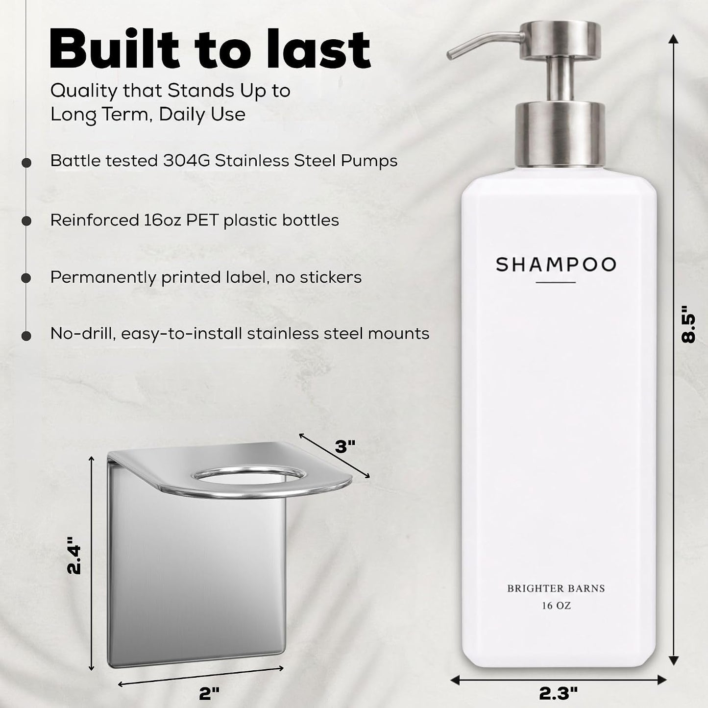Luxury Shampoo and Conditioner Dispenser Set Wall Mounted by Brighter Barns - Refillable Shower Dispenser with Stainless Steel Pumps - Shampoo Bottles 3 Chamber No Drill for Airbnb, Spa, Hotel (White)