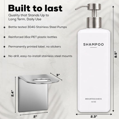 Luxury Shampoo and Conditioner Dispenser Set Wall Mounted by Brighter Barns - Refillable Shower Dispenser with Stainless Steel Pumps - Shampoo Bottles 3 Chamber No Drill for Airbnb, Spa, Hotel (White)