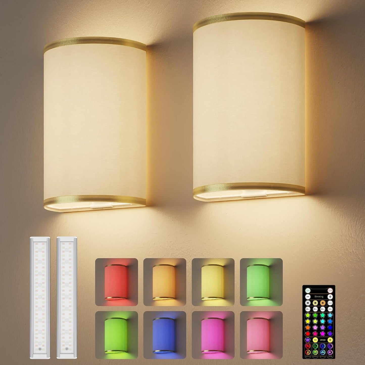 EZVALO Battery Operated Wall Sconce, Rechargeable Wall Sconces Set of Two with Remote, Peel and Stick Wireless Wall Lights, 3 Color & 80 RGB, Dimmable, Timer, Fabric Linen Wall Mount Lamp for Bedroom