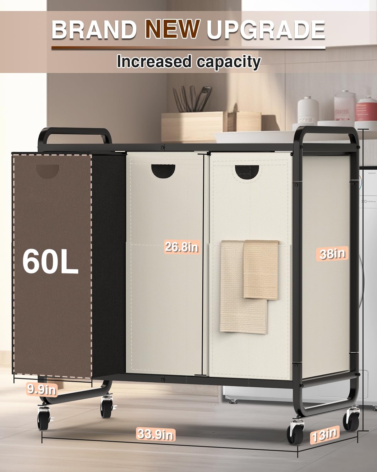 Laundry Sorter 3 Section,Laundry Basket with Wheels,3×15.8 Gal (60L) | Laundry Room Organization with Wooden Desktop Shelf,Pull-Out and Removable 900D Oxford Fabric Laundry Bags for Laundry Room
