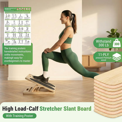 Wooden Slant Board, 2-in-1 Adjustable Calf Stretcher, 300lb | 180° Adjustable,6 Angle,withTraining Poster,Portable Incline Board,Physical Therapy,Ankle Stretching