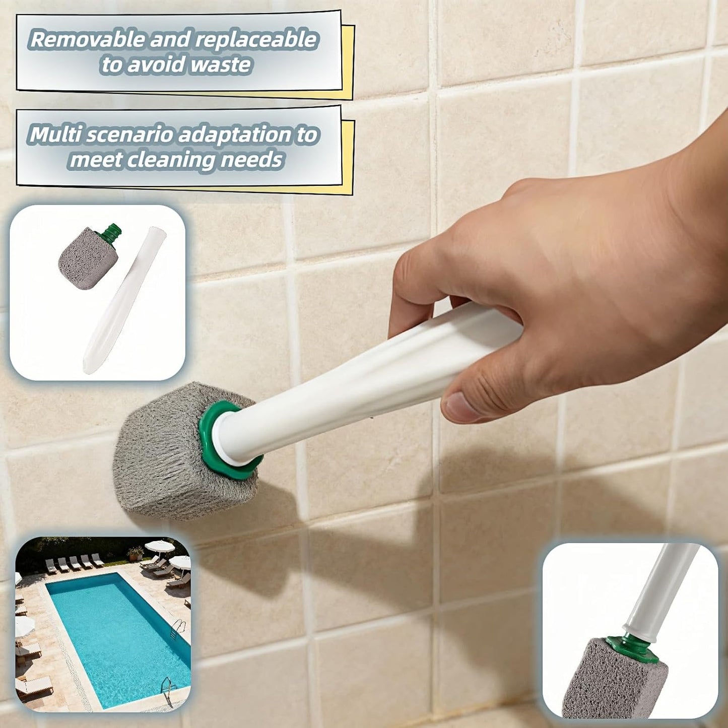 Pumice Toilet Brush Scrubber with 9.5” Handle - 1 Scrubber + 4 Pumice Stones - Remove Hard Water Stains, Rust & Lime from Toilet, Tub, Tile, Grill & Pool - No-Scratch, Easy Grip