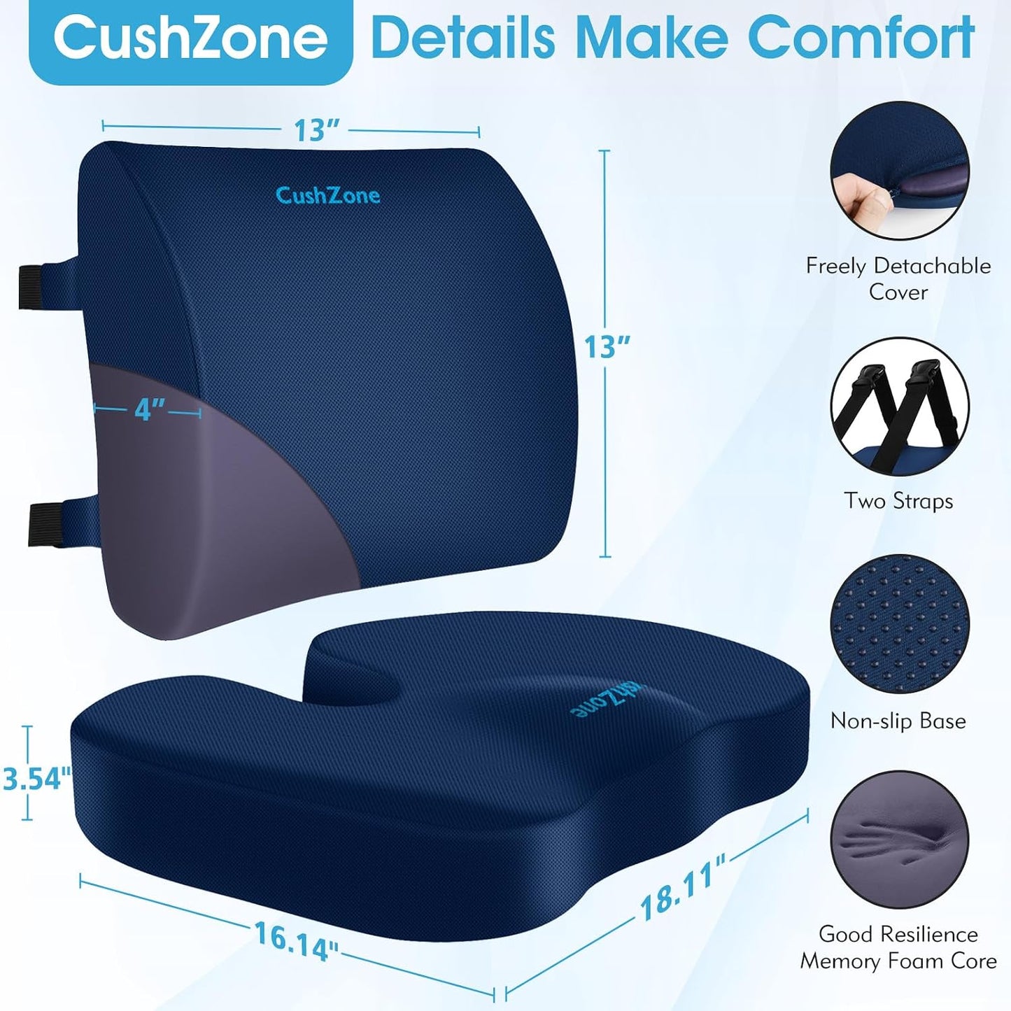 CushZone Ergonomic Seat Cushion & Lumbar Support Pillow - Memory Foam for Sciatica Pain Relief & Posture Correction, Non-Slip Chair Cushions for Office Chair/Car/Wheelchair/Travel (Black)