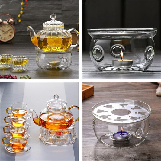 VICASKY 2pcs Glass Tea Warmer High Borosilicate Teapot Heating Pot Stand for Milk and Food Heating Ventilated Stove with Round and Heart-Shaped Bases Practical Tea Accessory for Home and