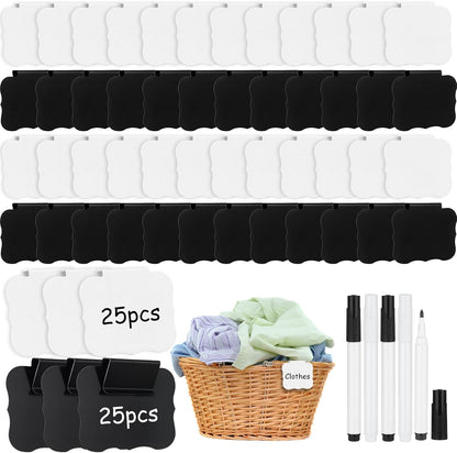 50 Pcs Black Basket Labels Clip on for Storage Bins, Removable PVC Bin Clip Labels with 4 Chalk Markers for Basket Pantry Cubes Organization Container