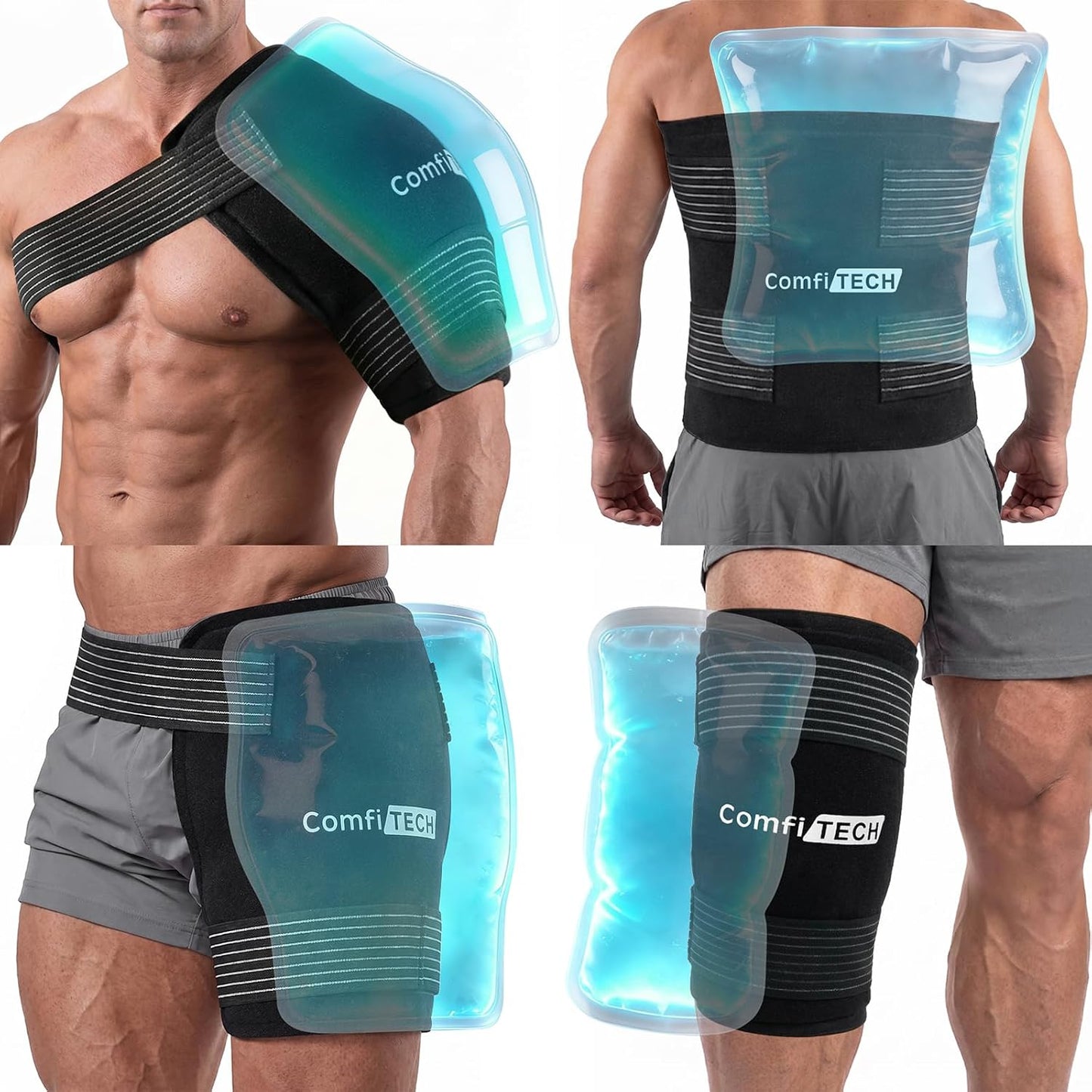 ComfiTECH Reusable Multipurpose Ice Pack with Adjustable Straps, 12" x 15" | Soft Gel Cold Compress for Hands-Free Relief on Back, Shoulder, Knee, Hip, Large Oversized Wrap for Minor Aches & Pains