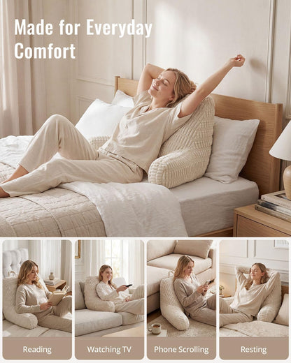 Blissful Diary Reading Pillow, Backrest Pillow with Shredded Memory Foam for Adult & Children, Designed for Bed and Couch Sitting Up, Includes Arms, Pockets and Washable Cover, Off White