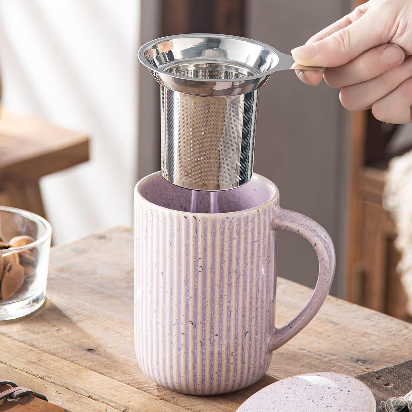 Yundu 15.5oz/470ml Flambe Purple Ceramics Teacups with Infuser and Lid, Loose Leaf Tea Cup